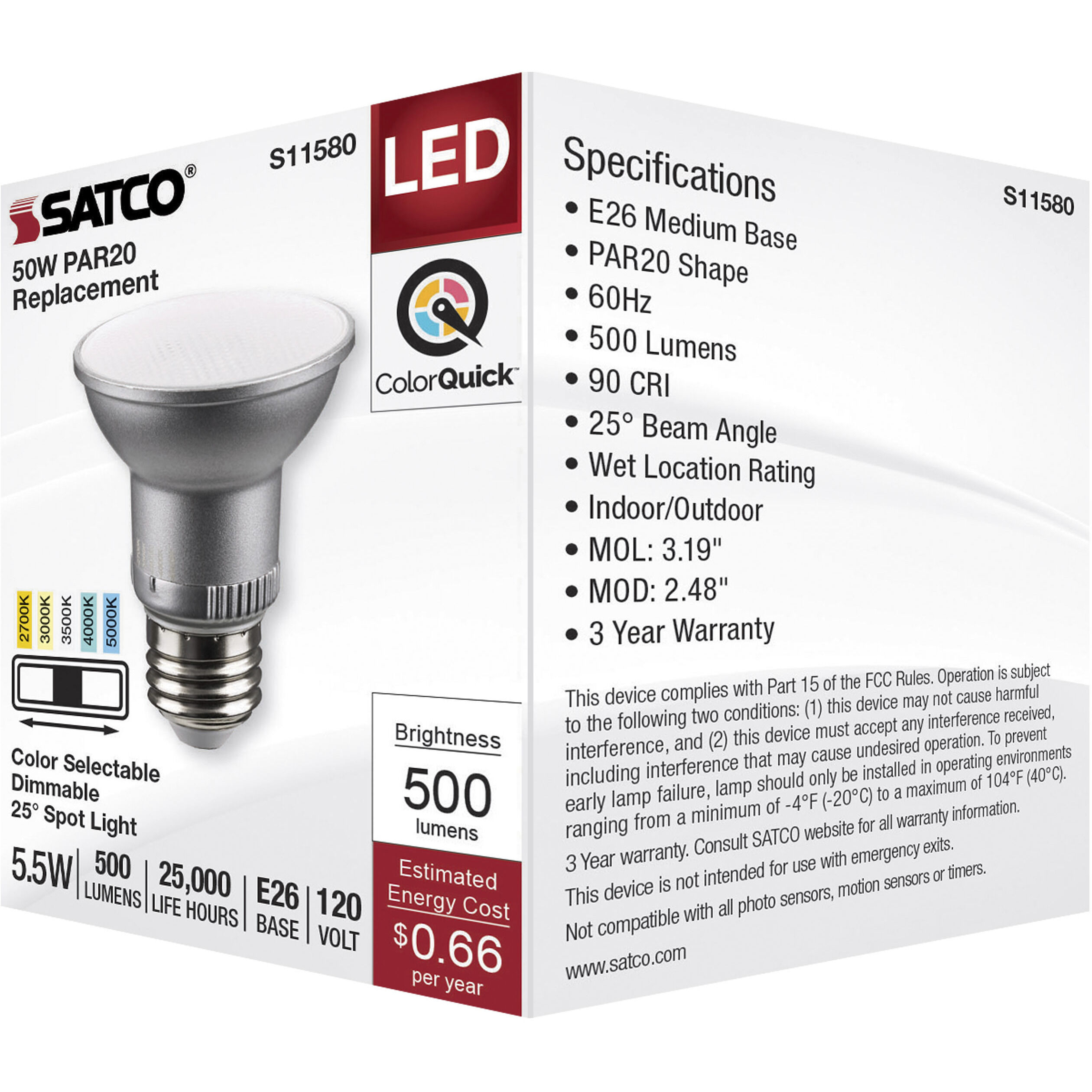 Lumos LED Medium PAR20 5.5 watt 2700K/3000K/3500K/4000K/5000K Light Bulb