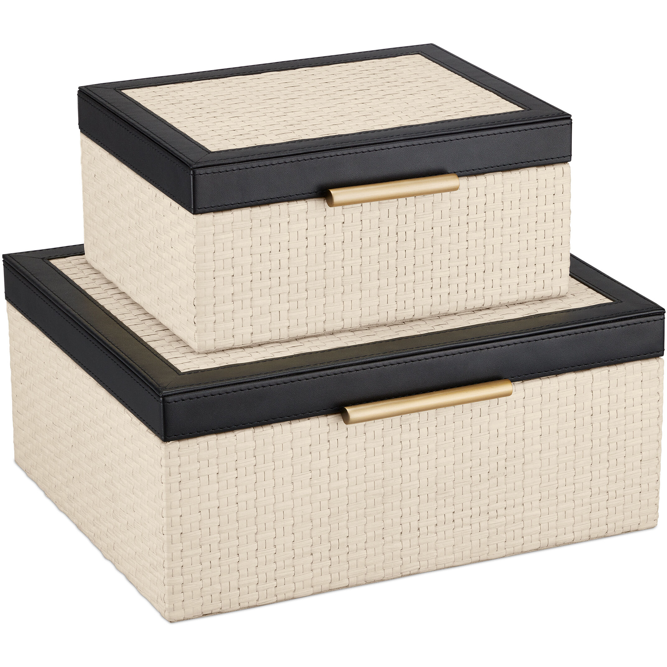 Deanna 12 inch Ivory and Black and Light Antique Brass and Beige Boxes, Set of 2