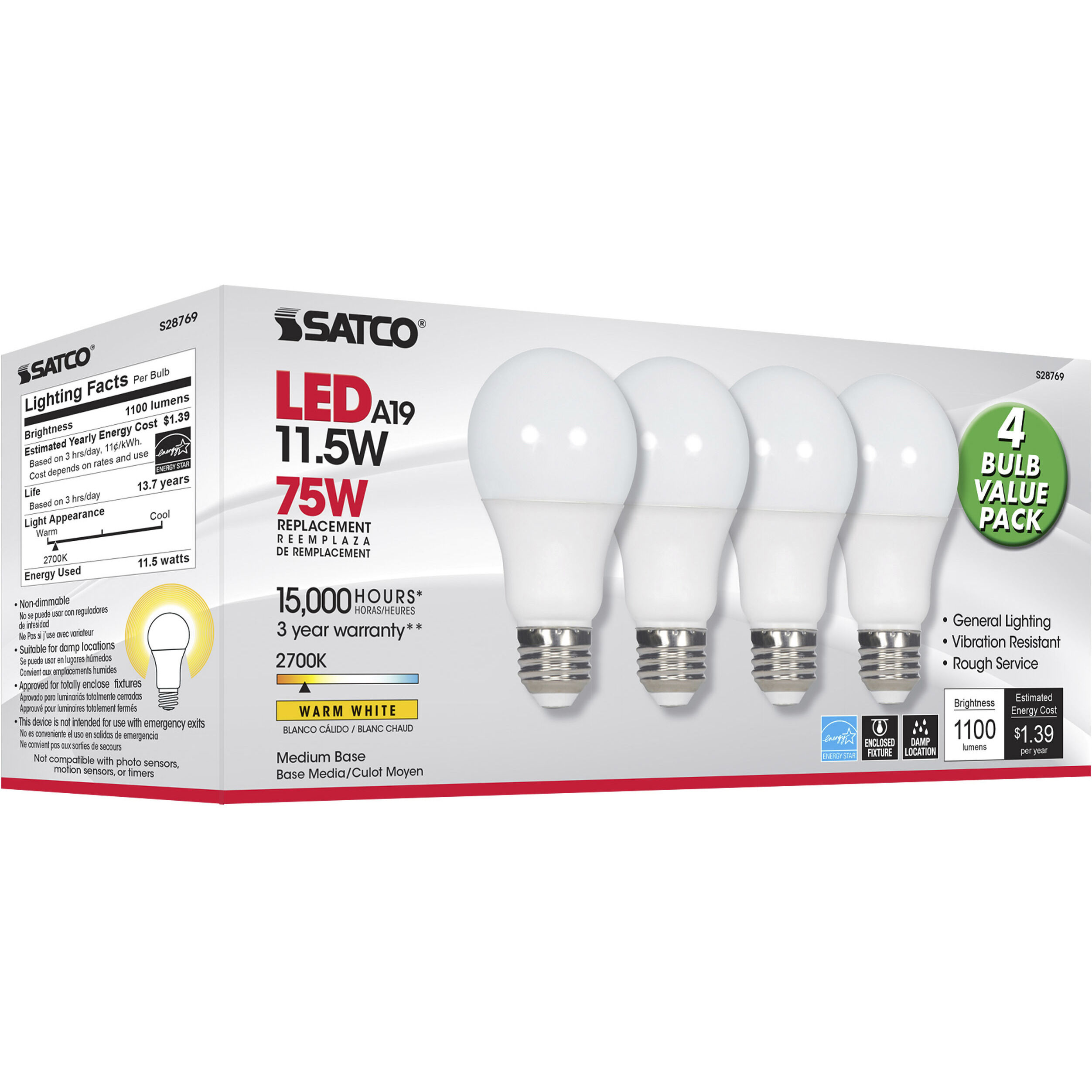 Lumos LED A19 Medium E26 11.5 watt 120V 2700K Light Bulb, Type A