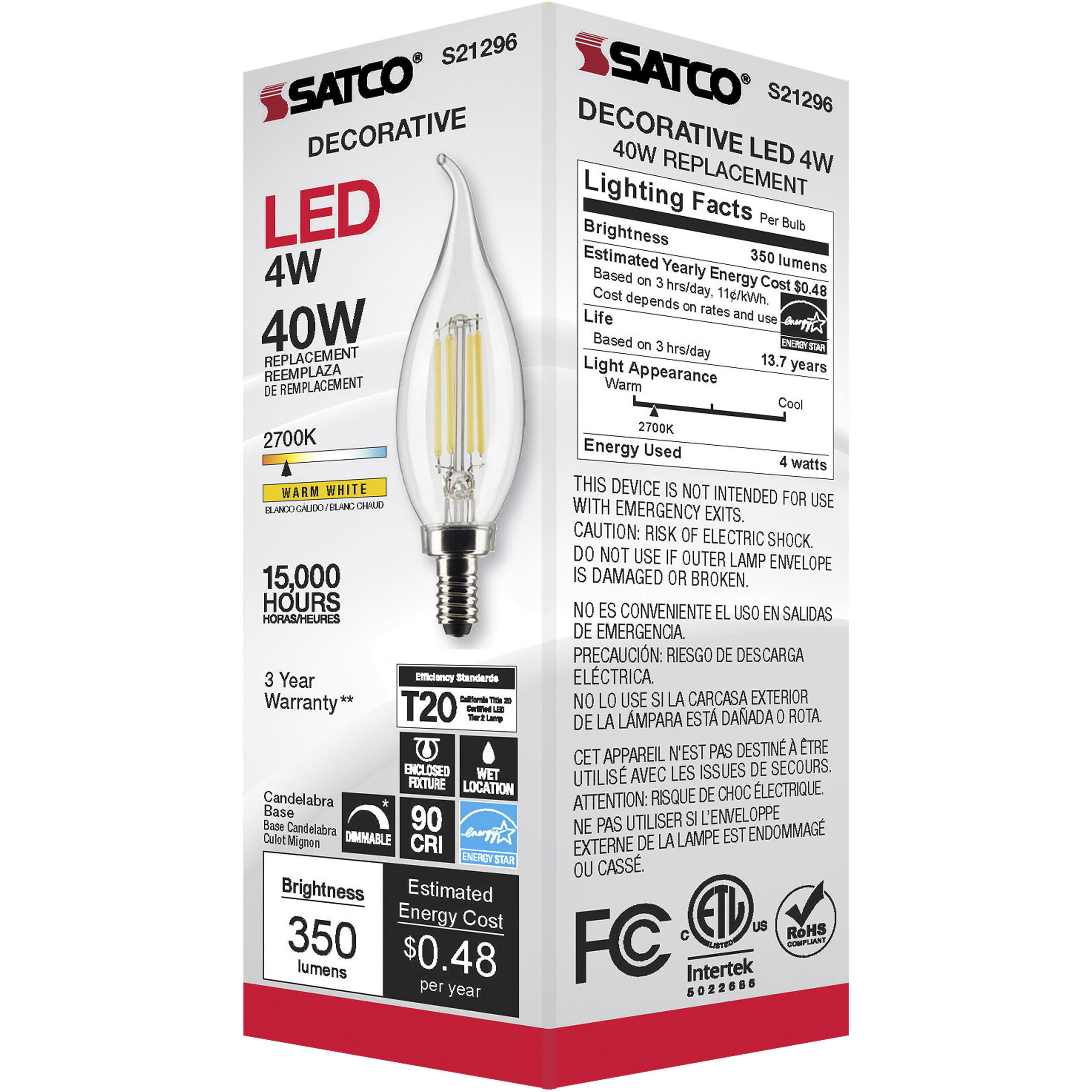 Lumos LED Candelabra Candelabra 4.00 watt 2700K LED Filament