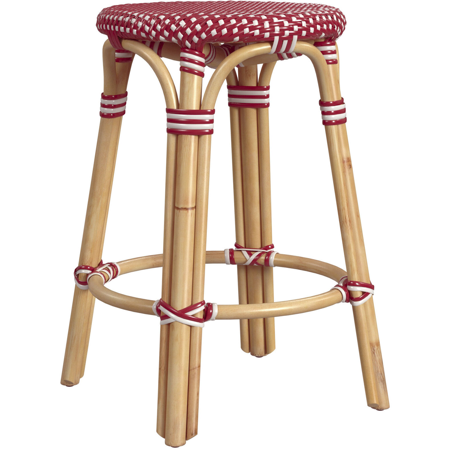 Tobias Rattan Round 24" Counter Stool in Red and White Dot