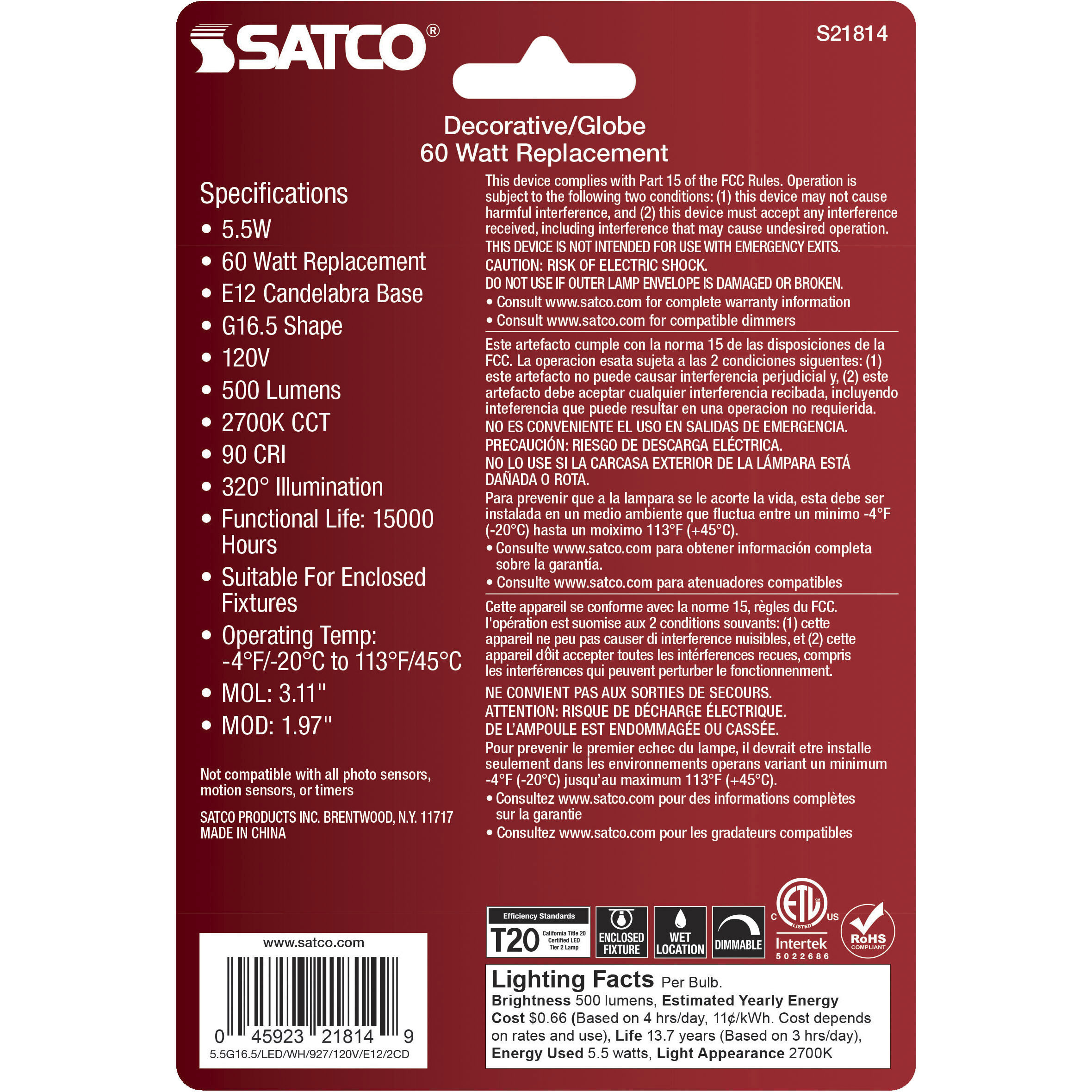 Lumos LED Candelabra 5.5 watt 120 2700K LED Filament, LED Filament