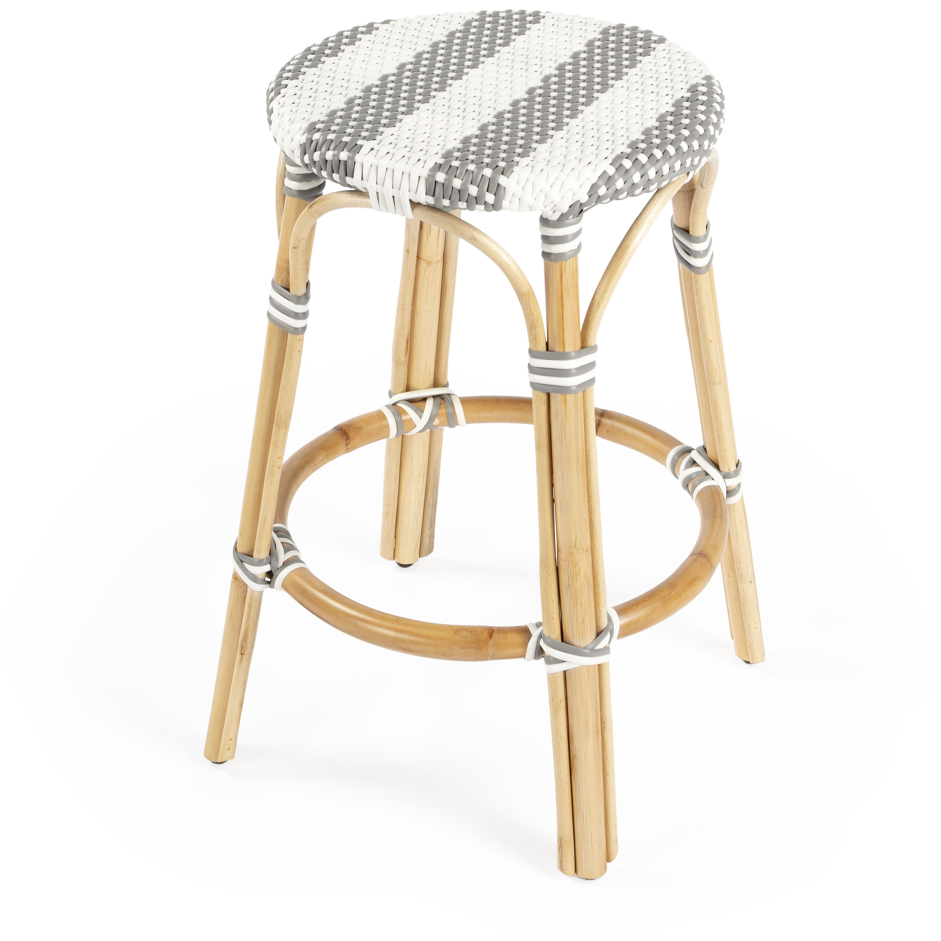 Tobias Rattan Round 24" Counter Stool in Gray and White Stripe