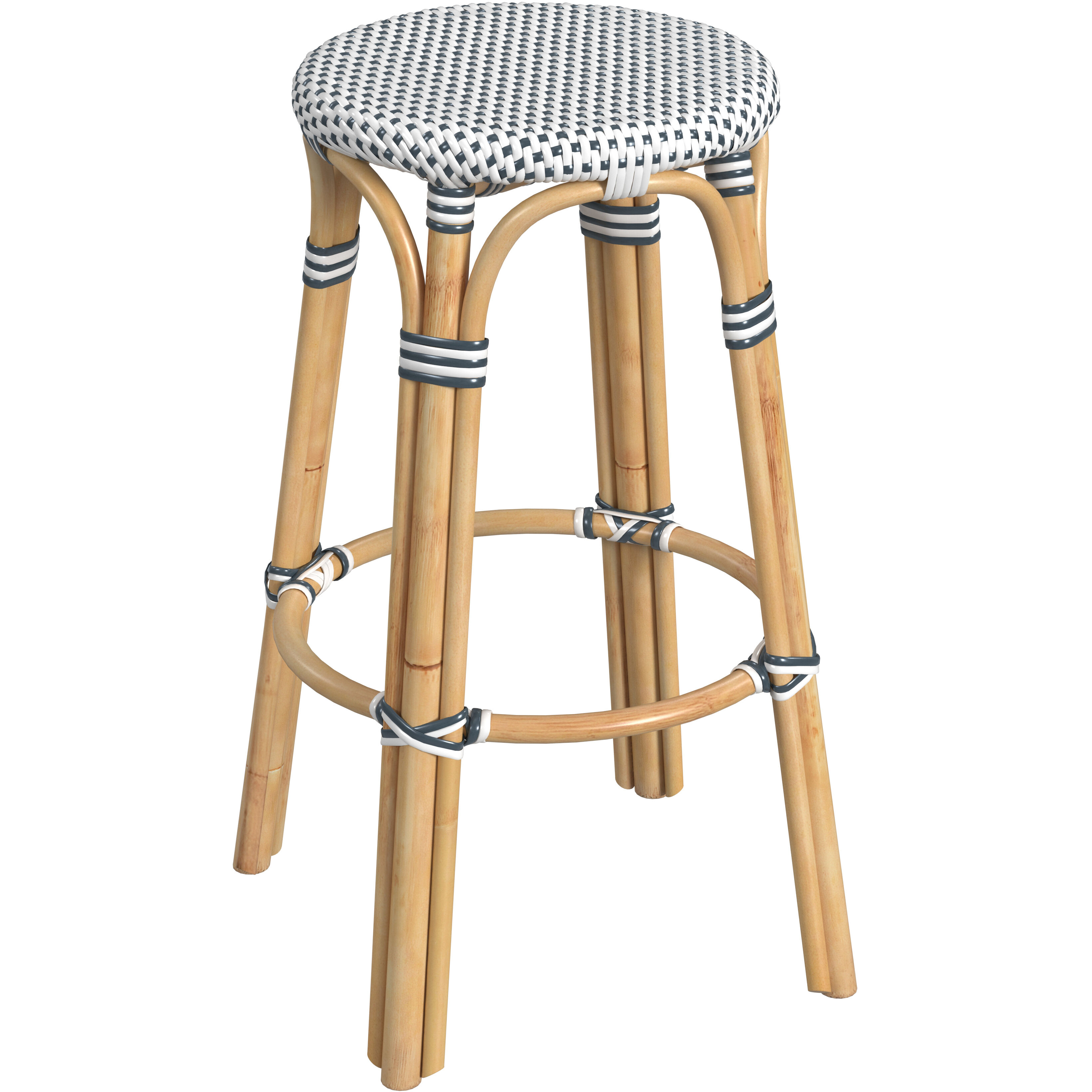 Tobias Round Rattan 30" Bar Stool in White and Navy Dot