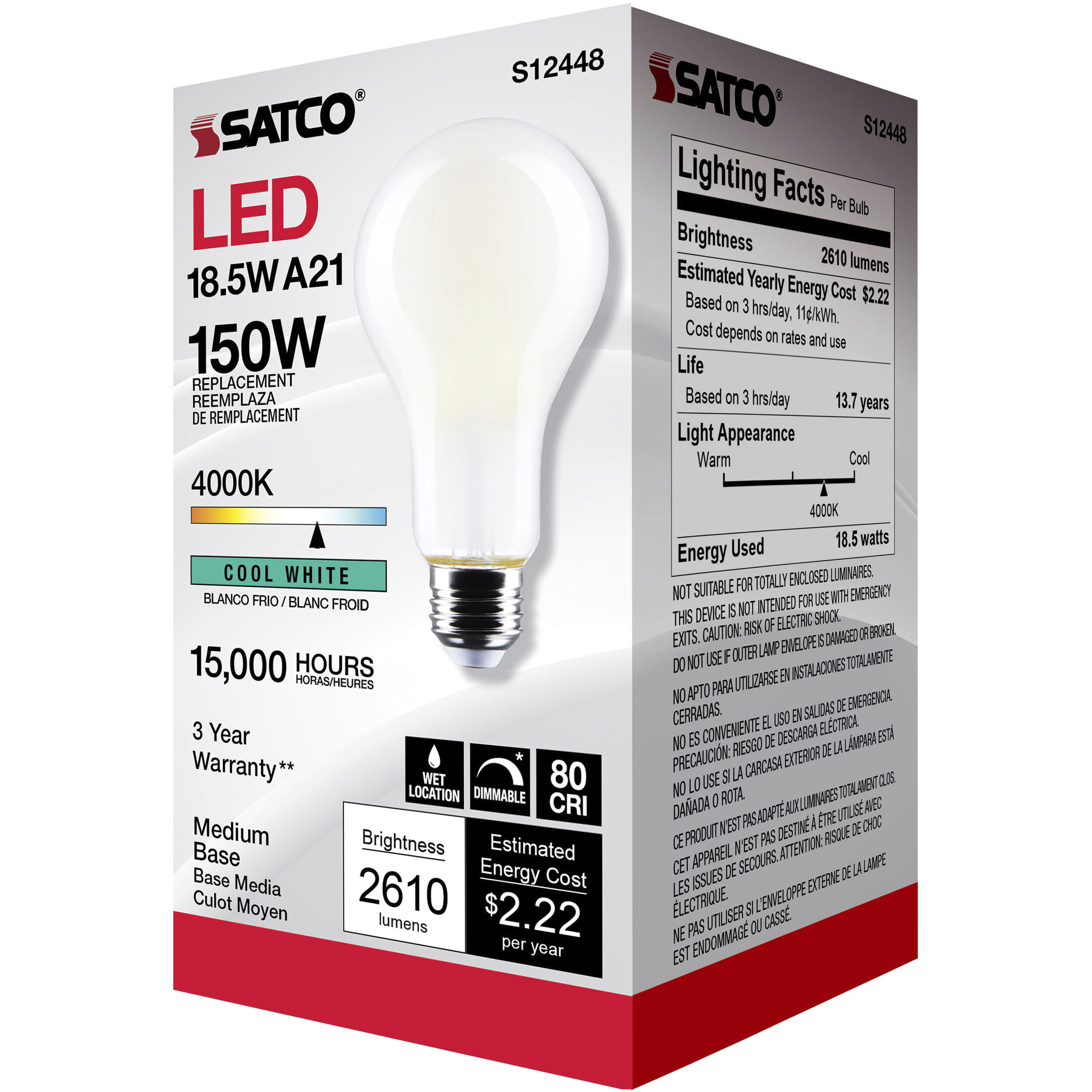 Satco S12448 Lumos LED Medium Type A21 18.50 watt 4000K Light Bulb