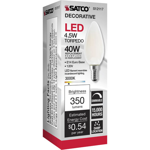 Satco 4.5W LED B11 Bulb, E14, Dimmable, 350 lm, 120V, Frosted, 3000K (Satco  S12117)