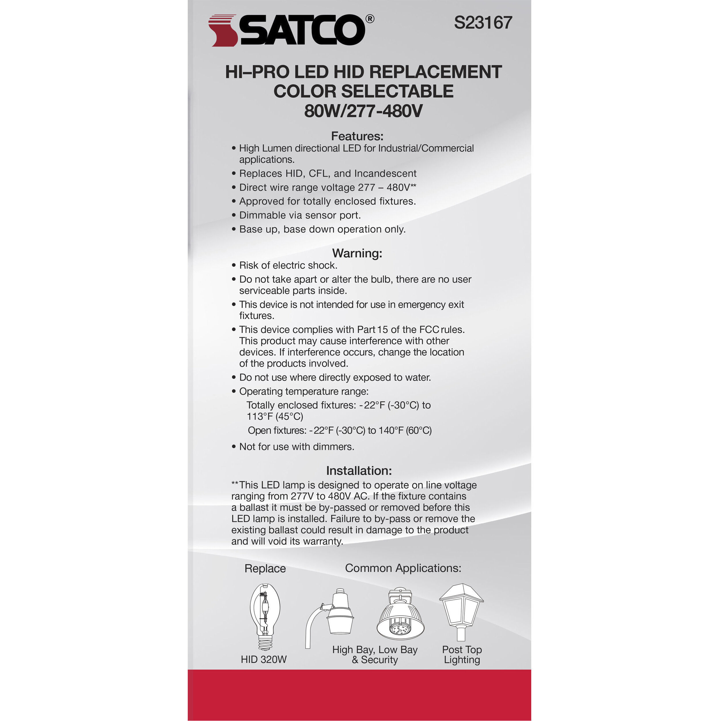 Lumos LED Mogul Extended 80 watt 277-480 3000K/4000K/5000K HID Replacements, HID Replacements