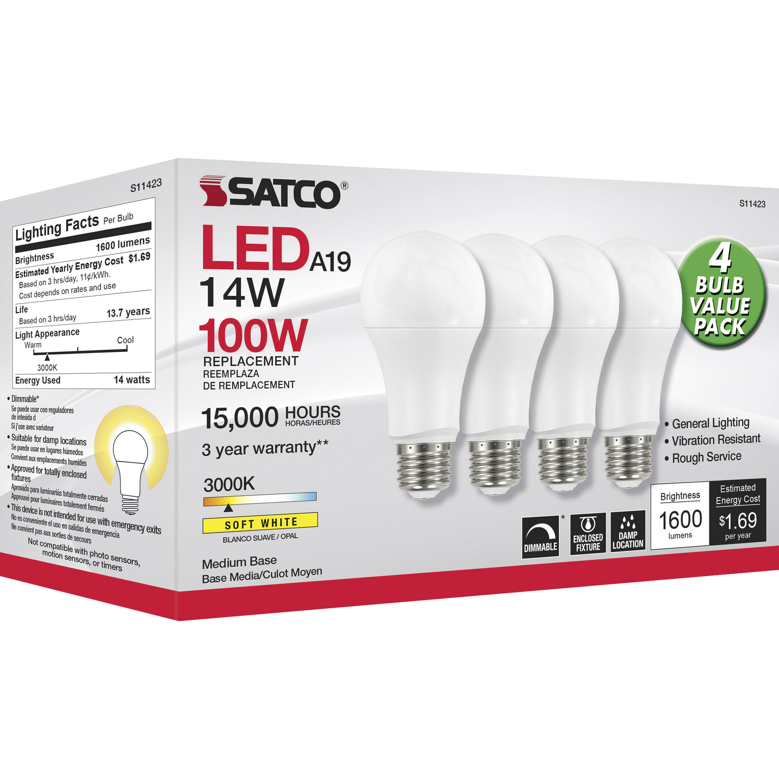 Lumos LED A19 15.50 watt 3000K, 4 PACK Light Bulb 