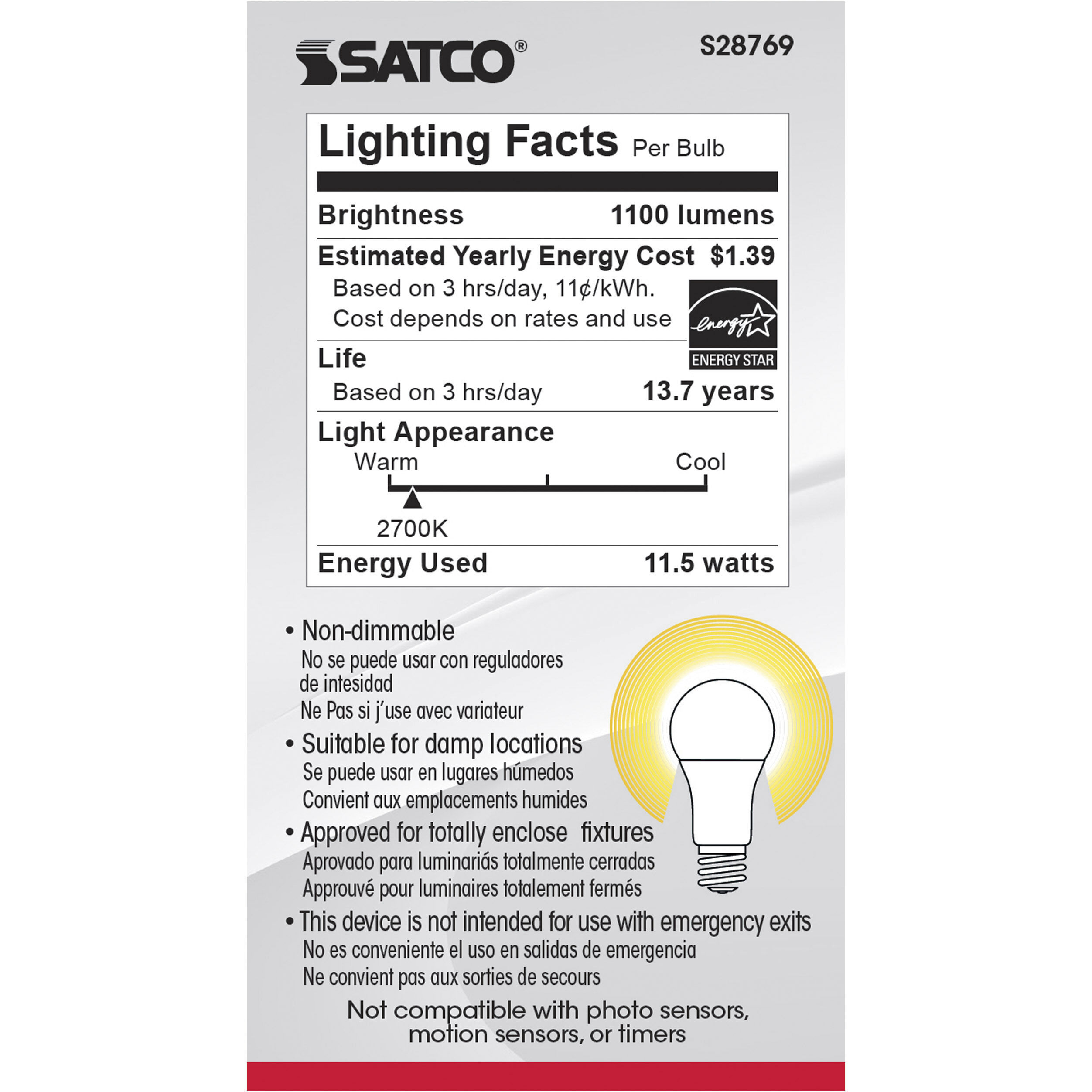 Lumos LED A19 Medium E26 11.5 watt 120V 2700K Light Bulb, Type A