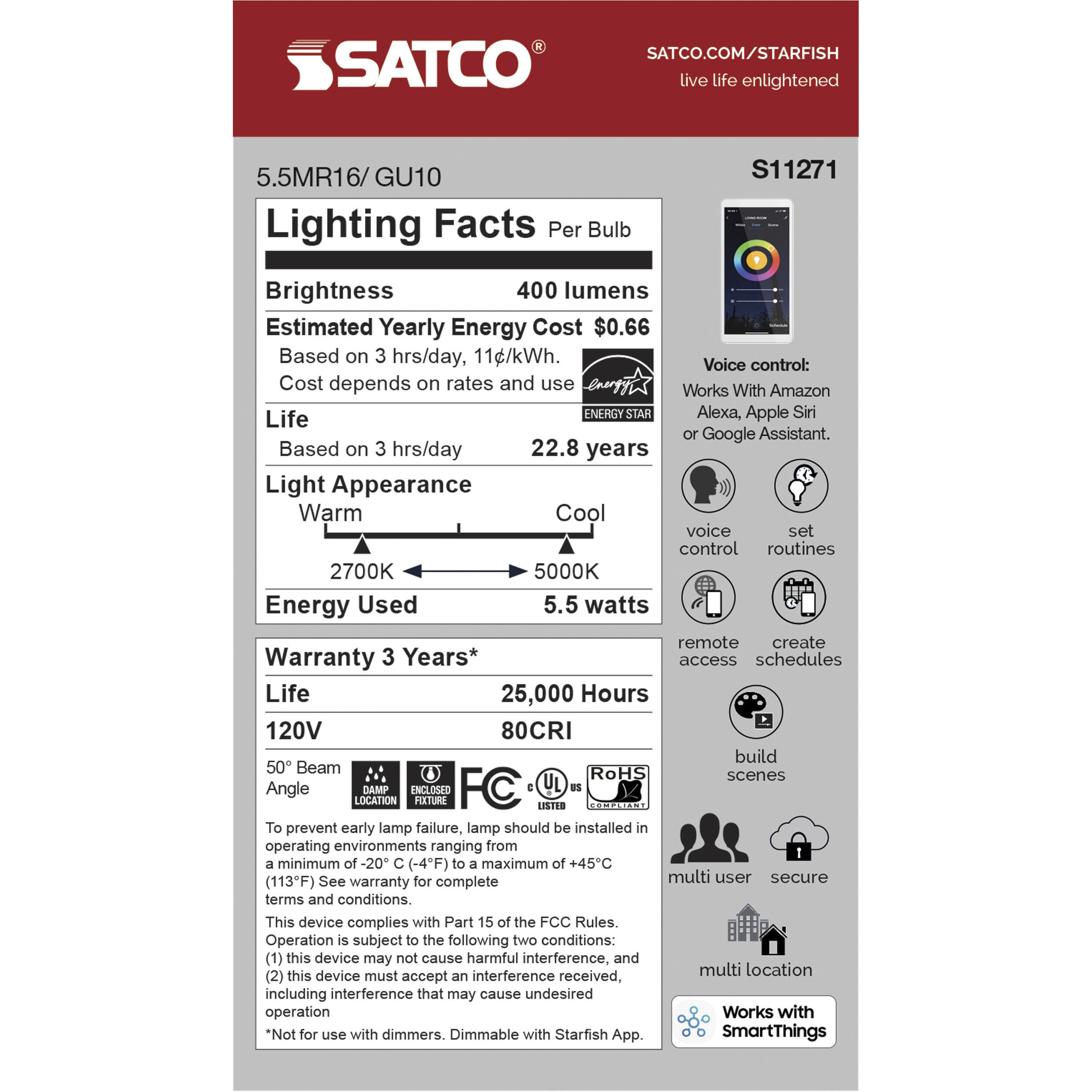 Lumos LED Bi Pin GU10 5.5 watt 120 2700K-5000K MR LED, MR LED