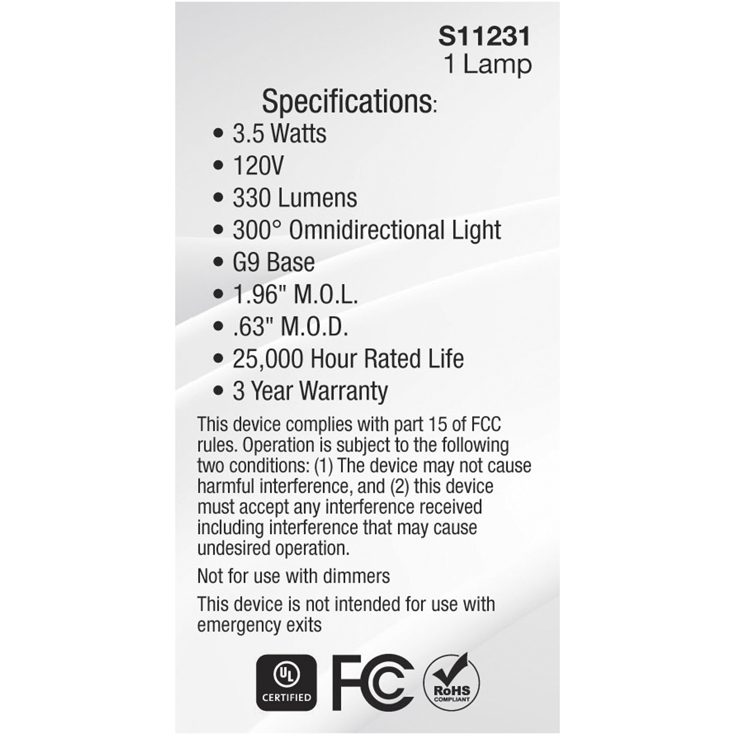Lumos LED JCD LED G9 Double Loop 3.5 watt 4000K Mini and Pin-Based LED