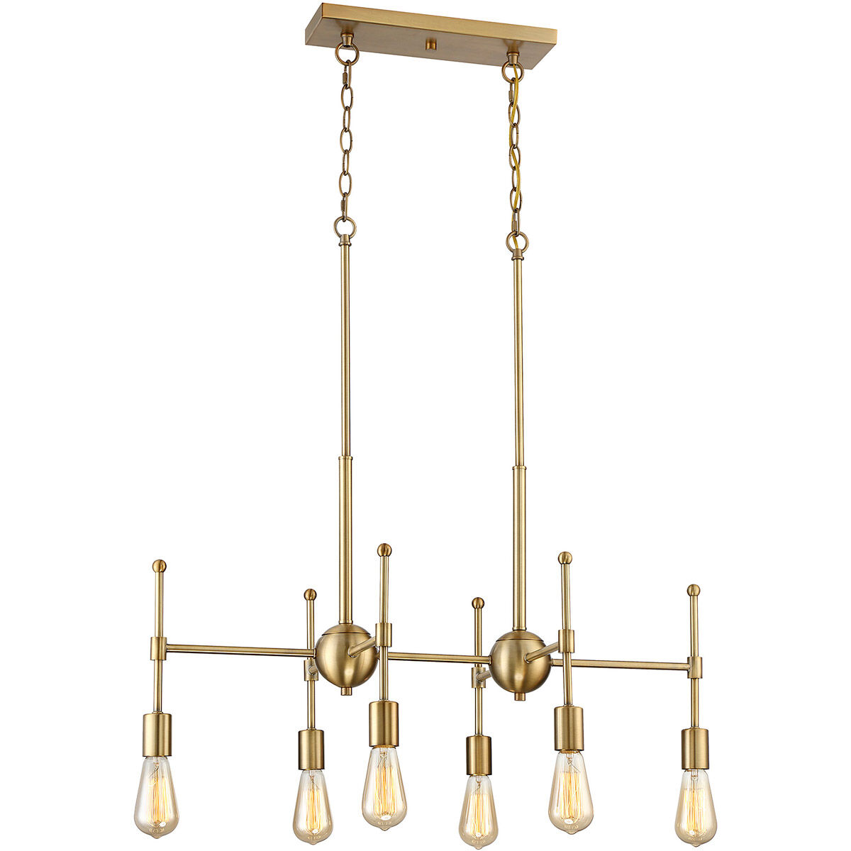 Mid-Century Modern 6 Light 30.5 inch Natural Brass Linear Chandelier Ceiling Light