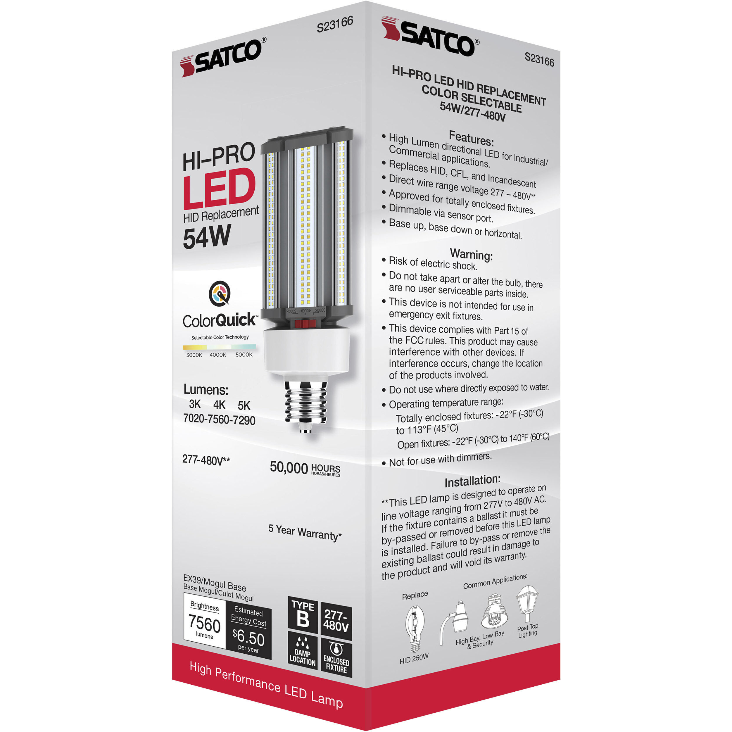Lumos LED 54 watt 277-480 3000K Light Bulb, HID Replacements
