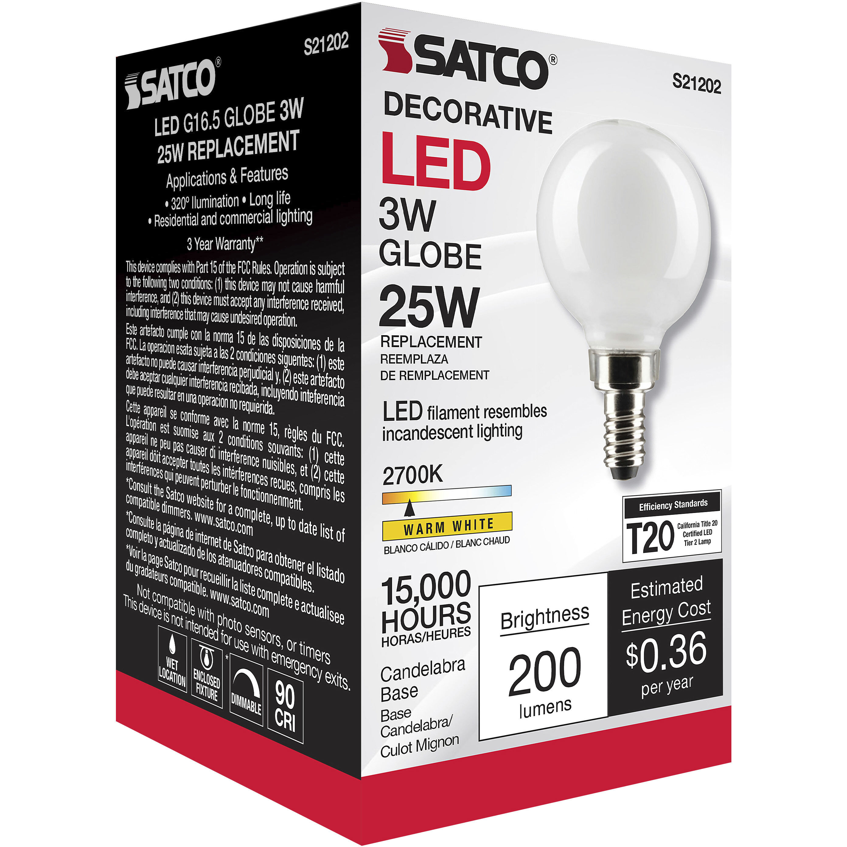 Lumos LED Candelabra Candelabra 3.00 watt 2700K LED Filament