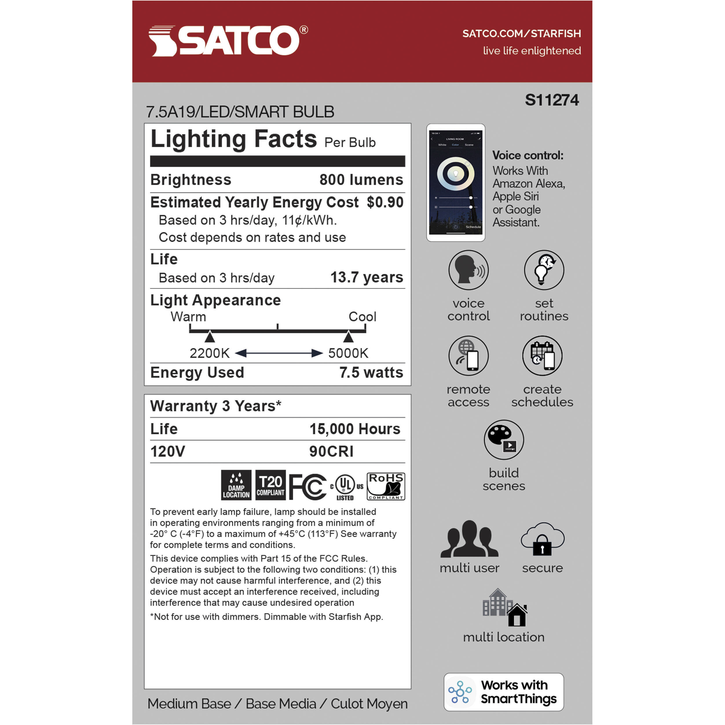 Starfish LED A19 Medium 7.50 watt 2200K-5000K Light Bulb