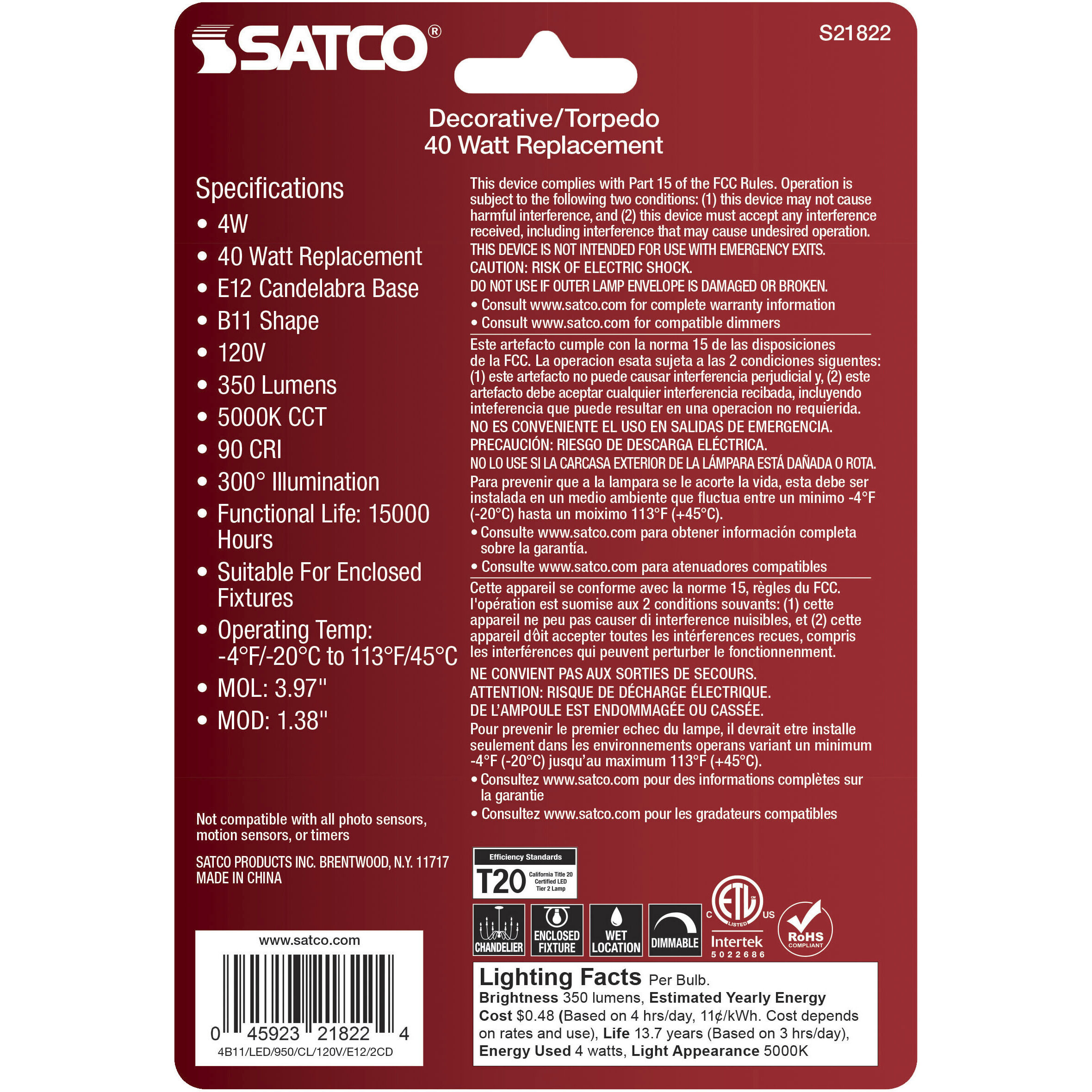 Lumos LED Candelabra 4 watt 120 5000K LED Filament, LED Filament