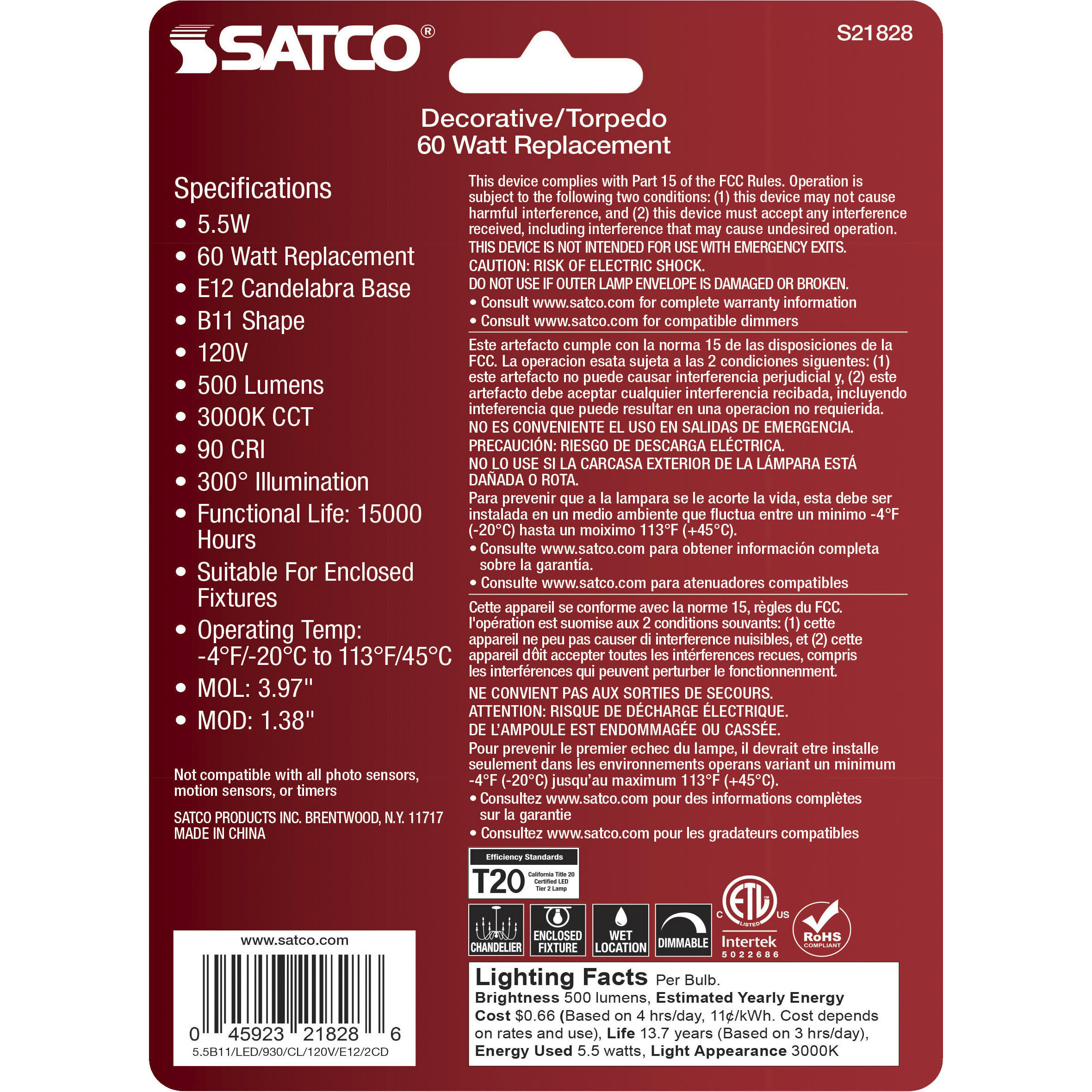 Lumos LED Candelabra 5.5 watt 120 3000K LED Filament, LED Filament