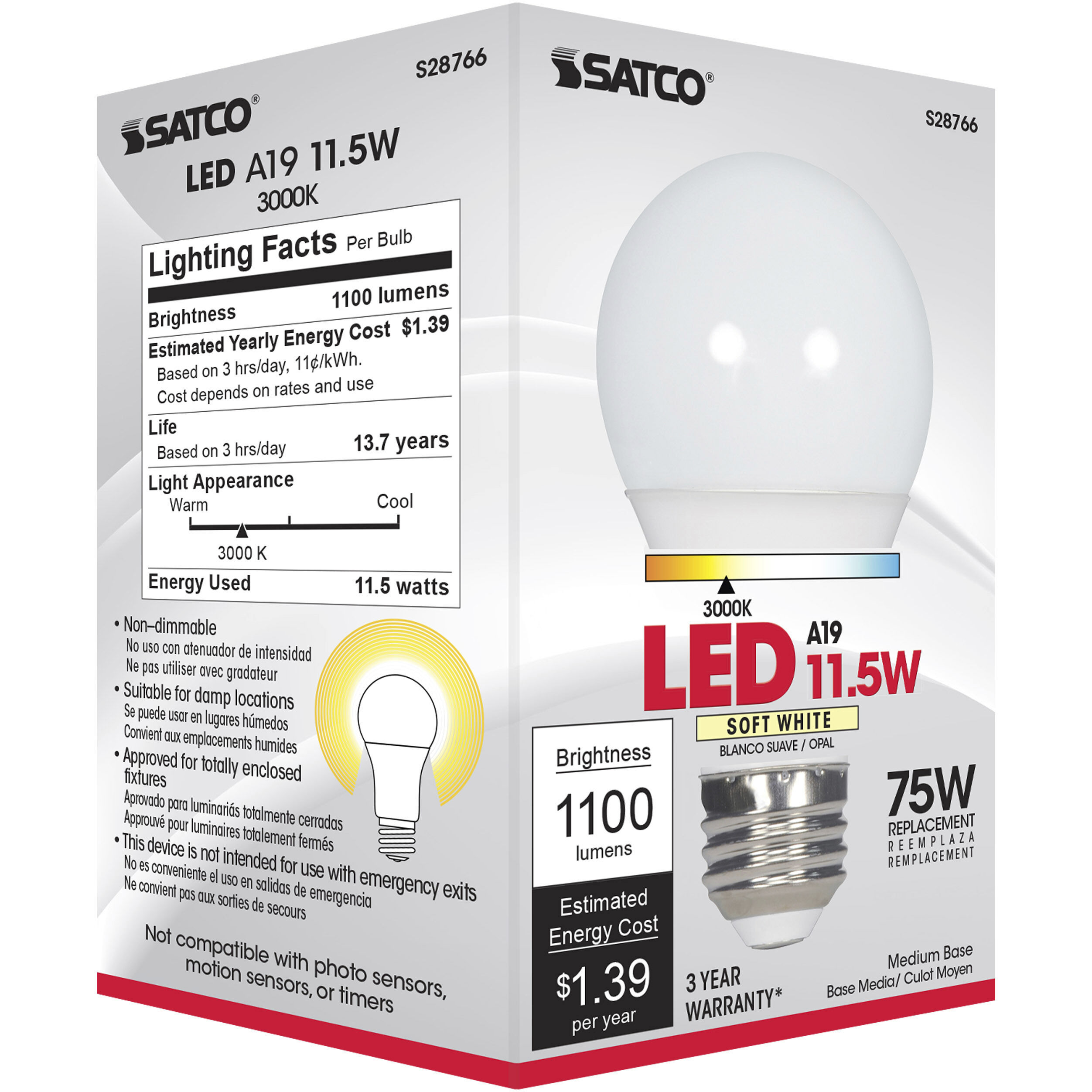 Lumos LED A19 Medium E26 11.5 watt 120V 3000K Light Bulb, Type A