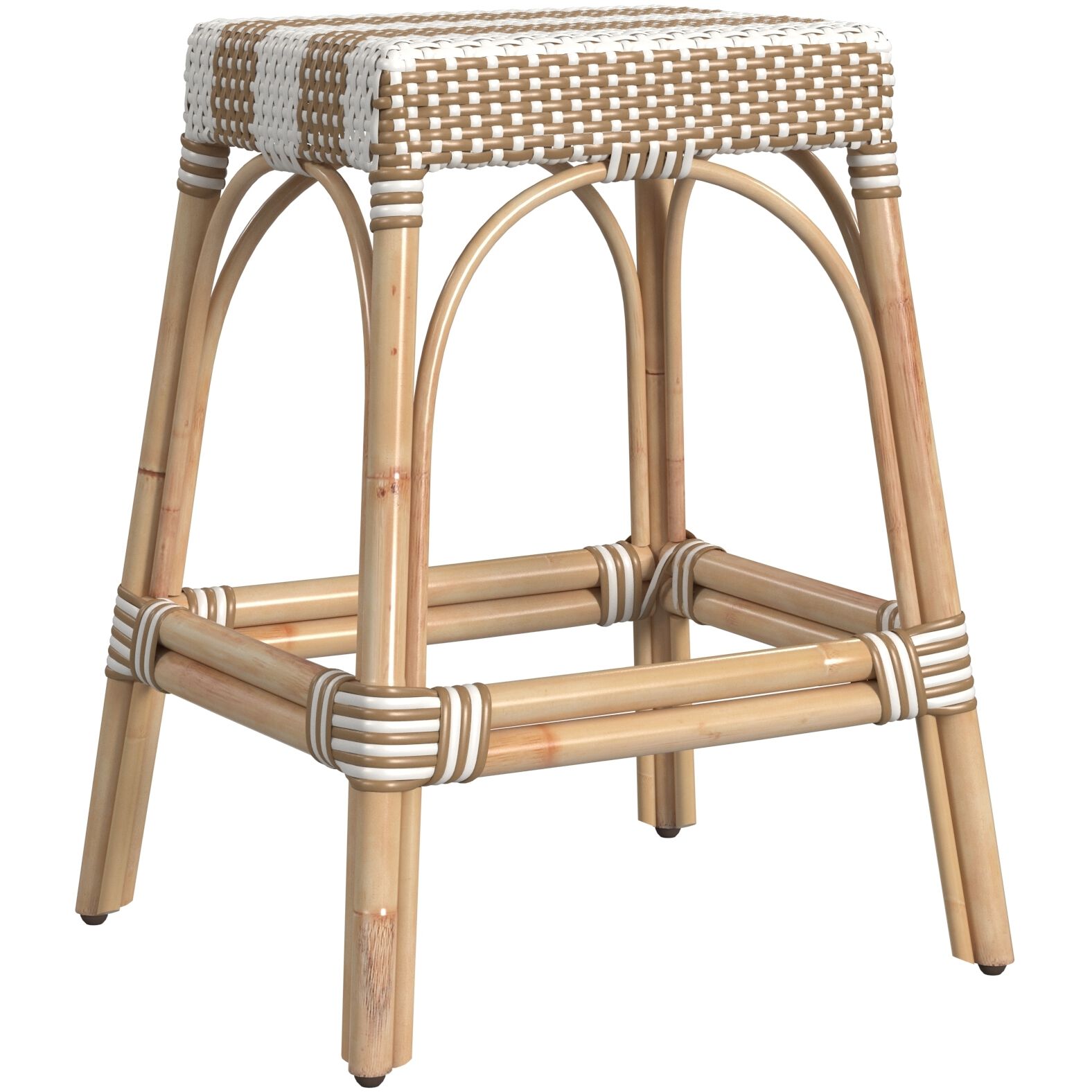 Robias Rectangular Rattan 24.5" Counter Stool in Tan and White Stripe
