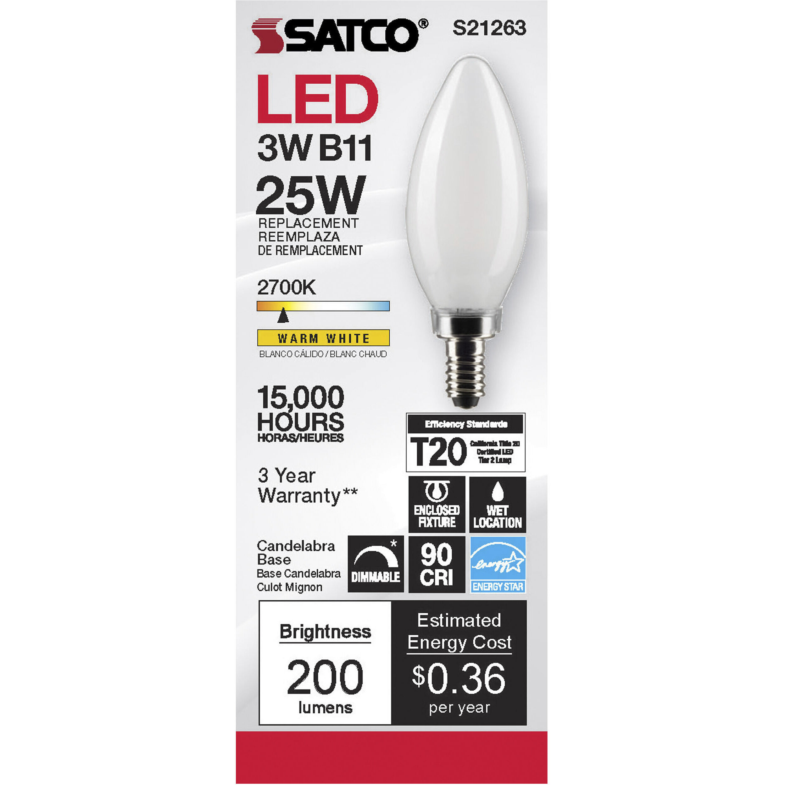 Lumos LED Candelabra Candelabra 3.00 watt 2700K LED Filament