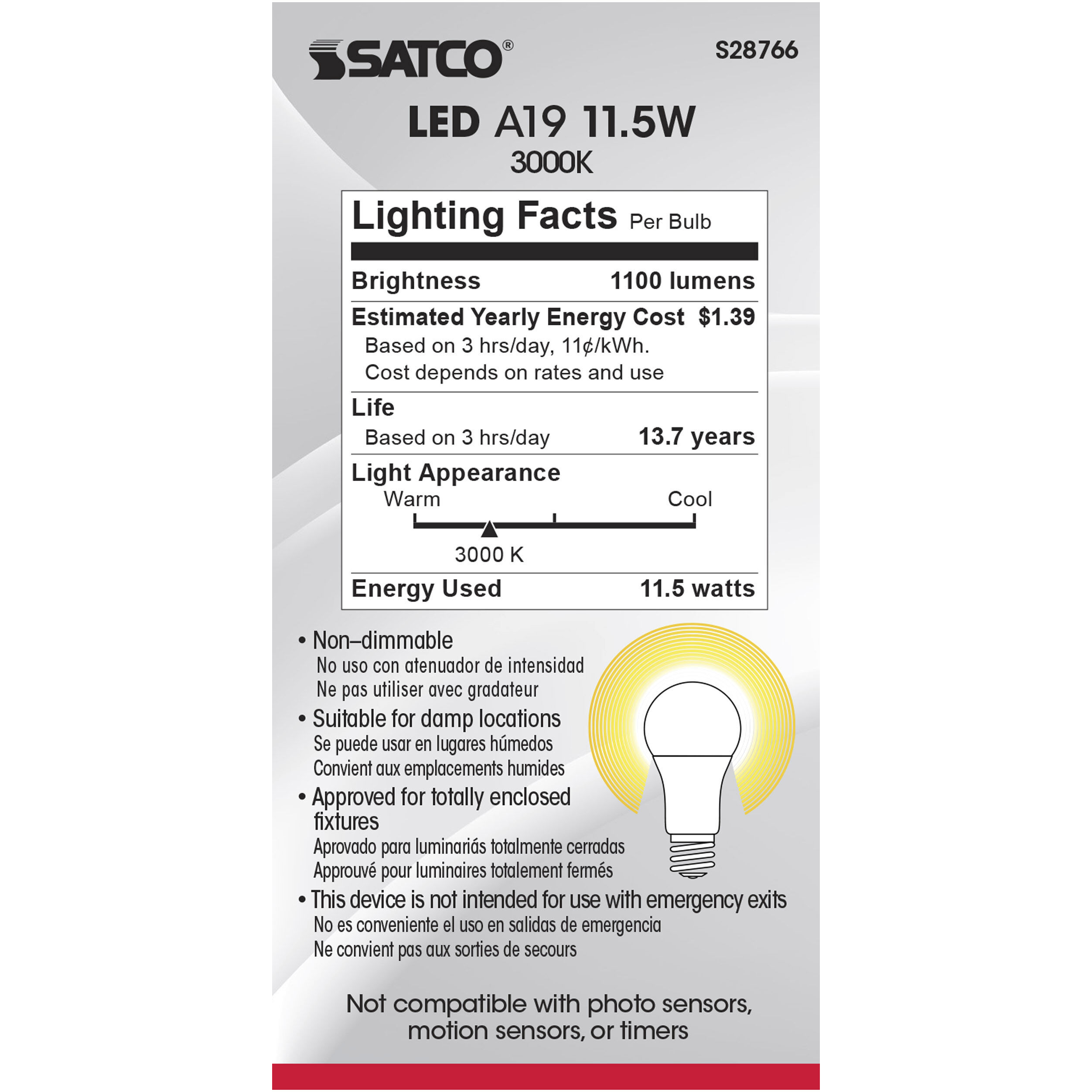 Lumos LED A19 Medium E26 11.5 watt 120V 3000K Light Bulb, Type A