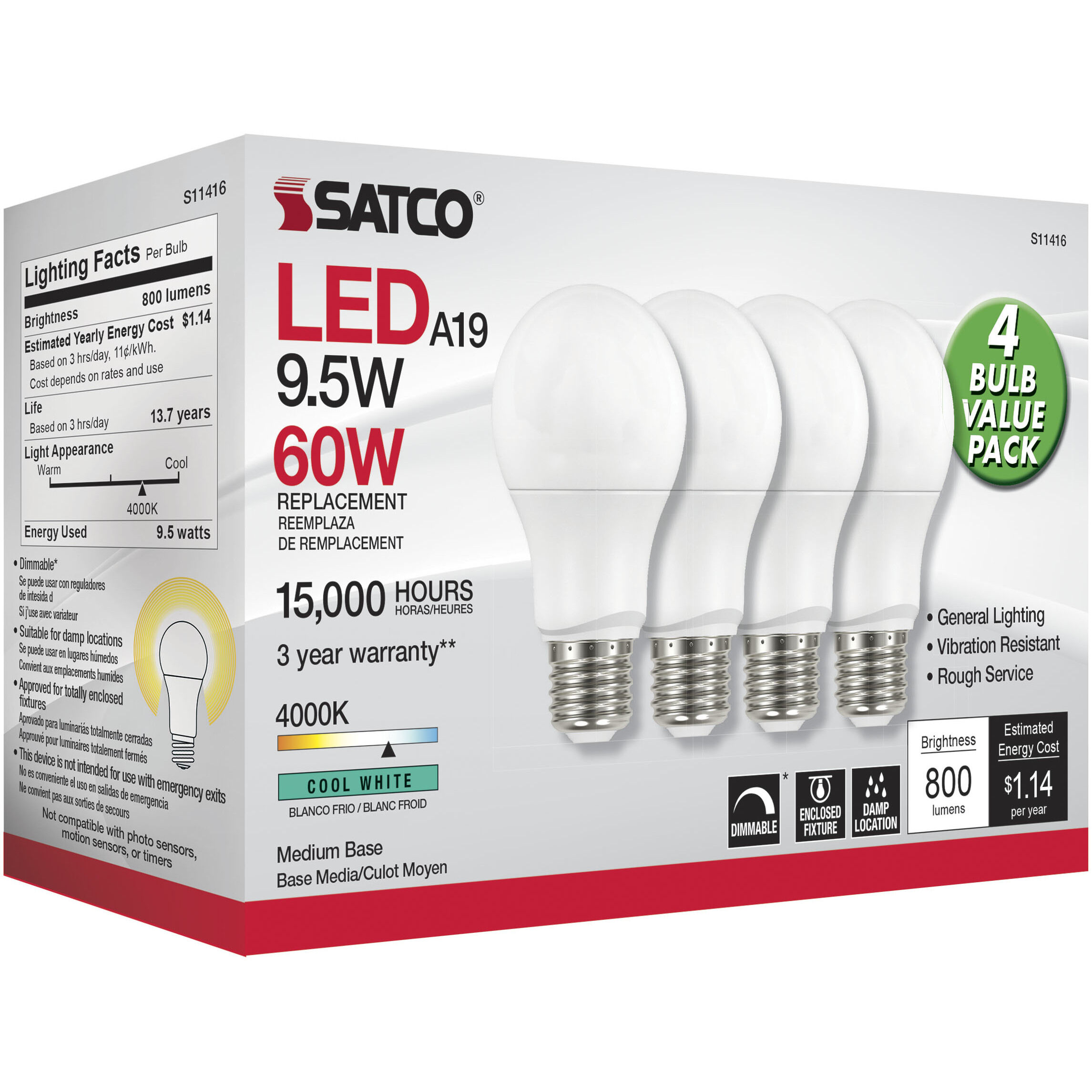 Lumos LED A19 9.50 watt 4000K Light Bulb