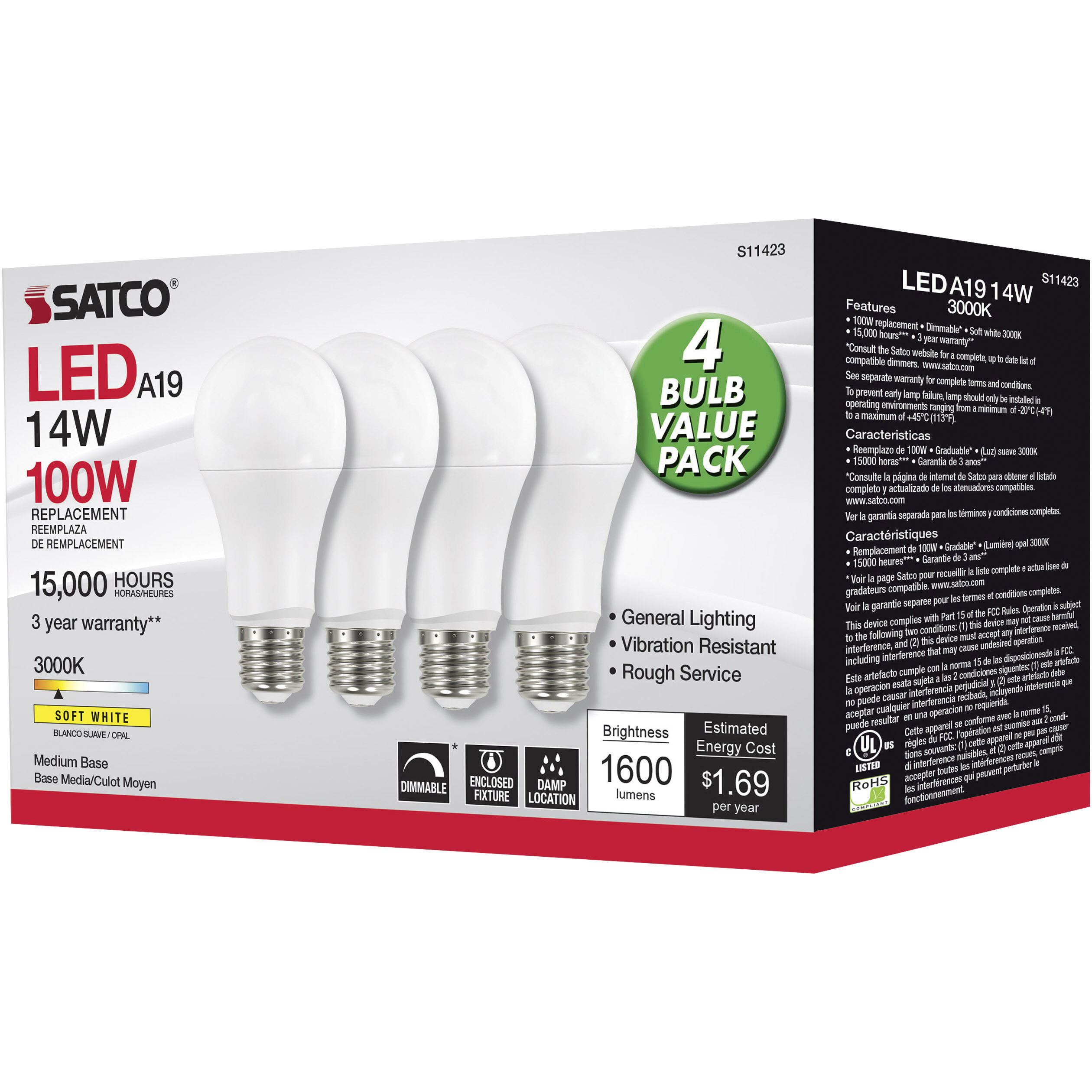 Lumos LED A19 15.50 watt 3000K, 4 PACK Light Bulb 