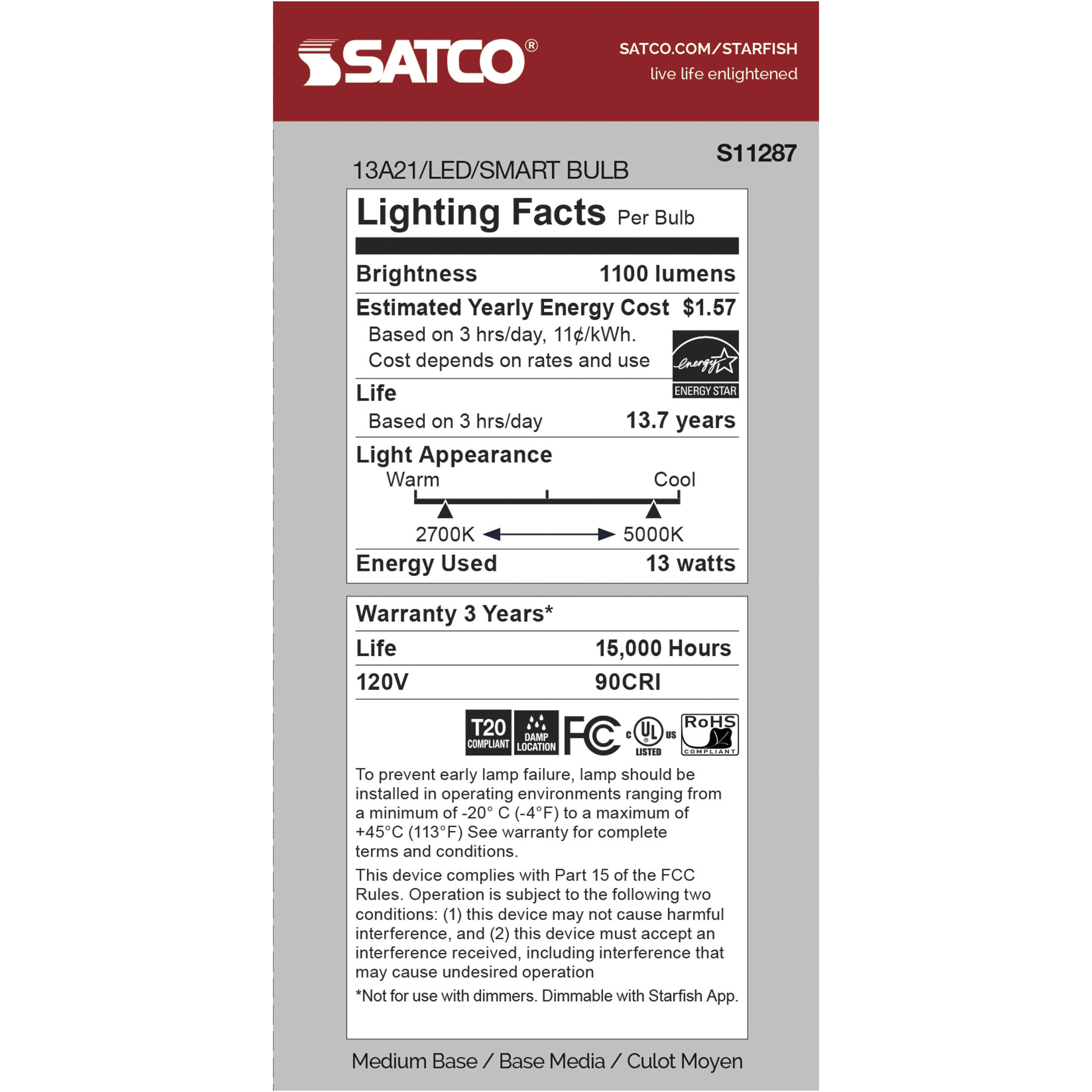 Starfish IOT LED A21 E26 13.00 watt 120V 2700K-5000K Bulb