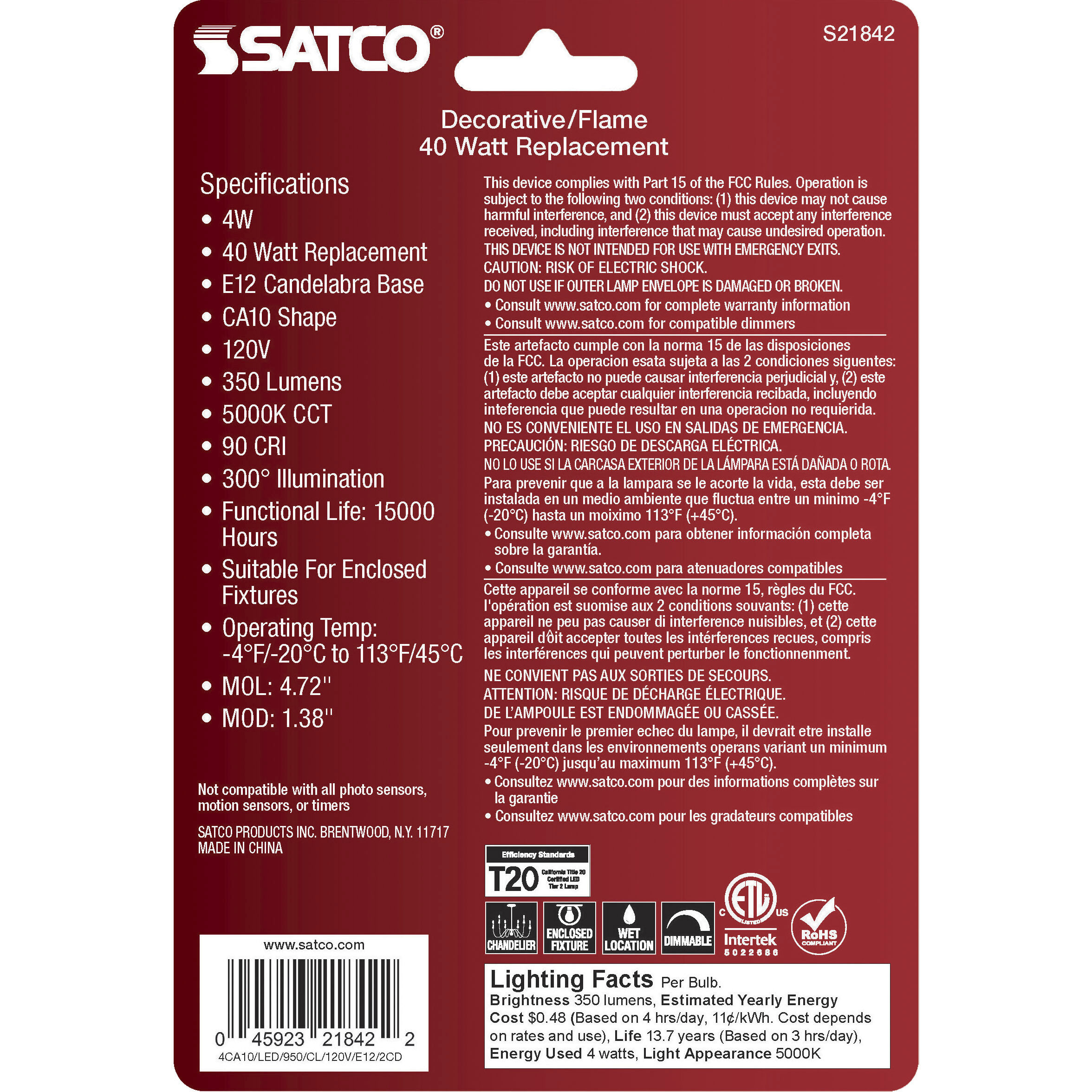 Lumos LED Candelabra 4 watt 120 5000K LED Filament, LED Filament