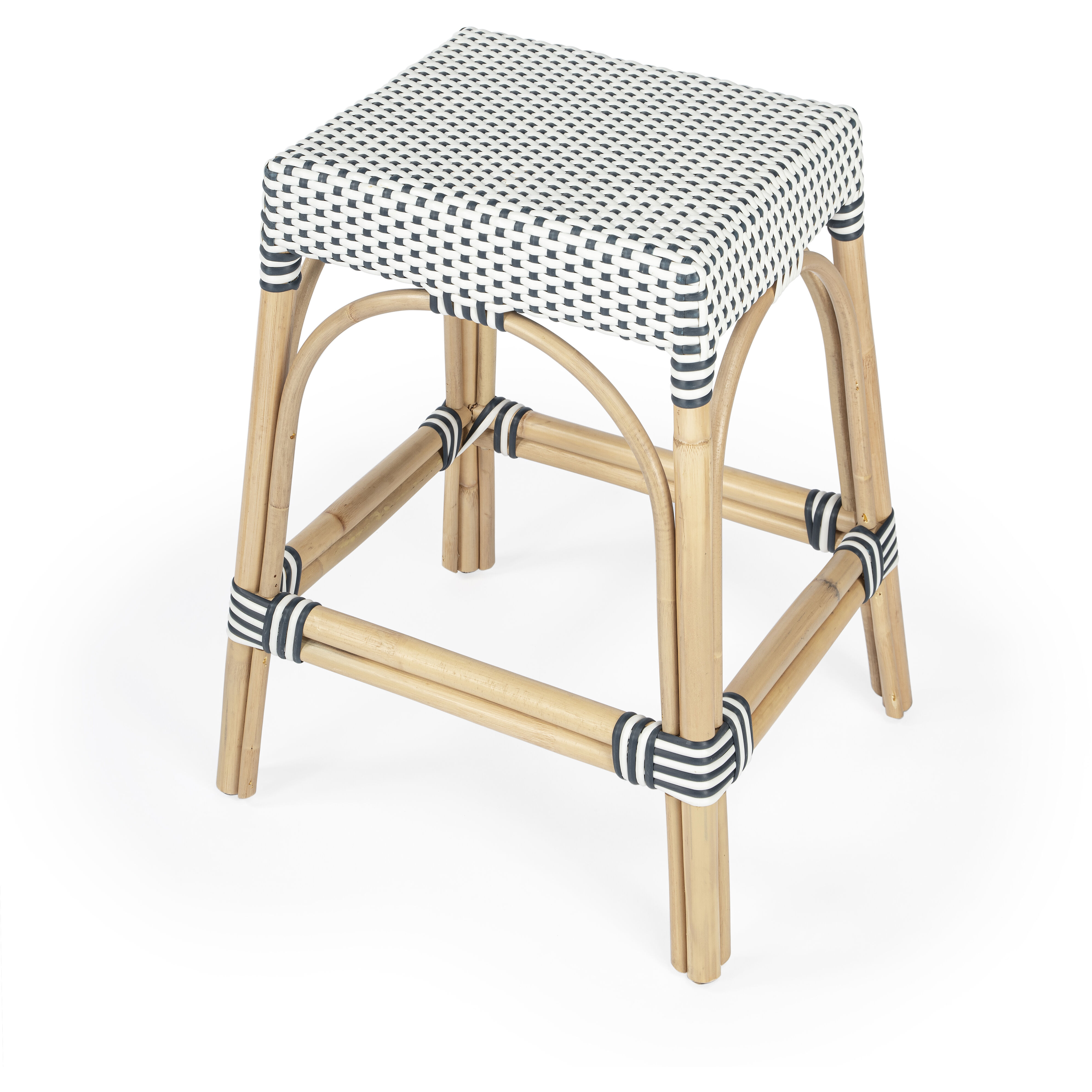 Robias Rectangular Rattan 24.5" Counter Stool in White and Navy Stripe